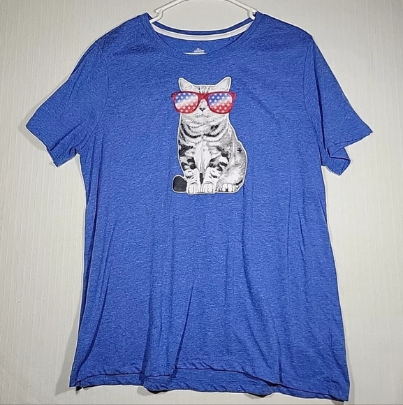 Way to Celebrate Tops - Way To Celebrate Blue T-Shirt Graphic USA Cat w/Sunglasses Size Xl